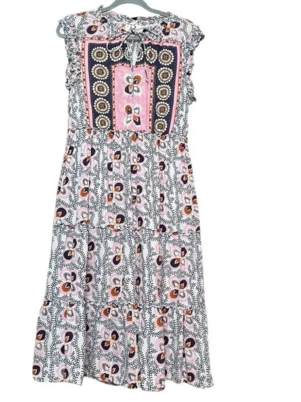 FIGUE Clara Tiered Midi Dress in Water Lily Brown Flowy Boho Sleeveless Shift LG